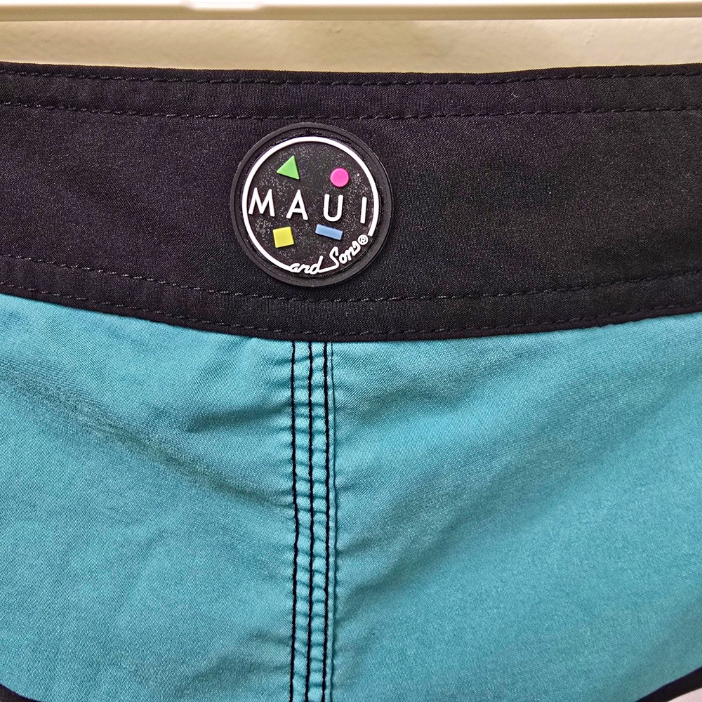 Maui and Sons Men's Board Shorts Size 36 Black Blue White Striped Drawstring